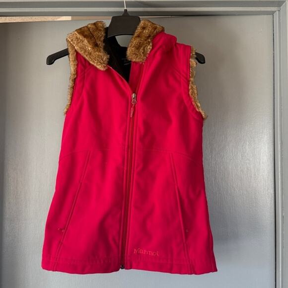 Marmot Pink Vest Brown Faux Fur Trim Zip Front Women’s Size Small S - Picture 1 of 6